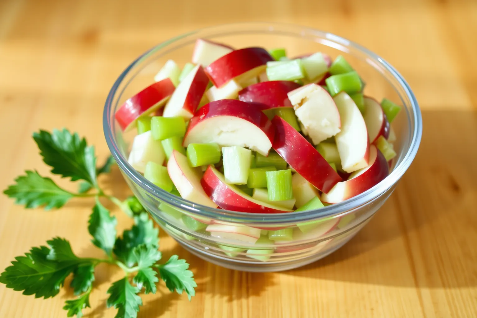 Une salade fraîche de pommes et céleri sur une table en bois.