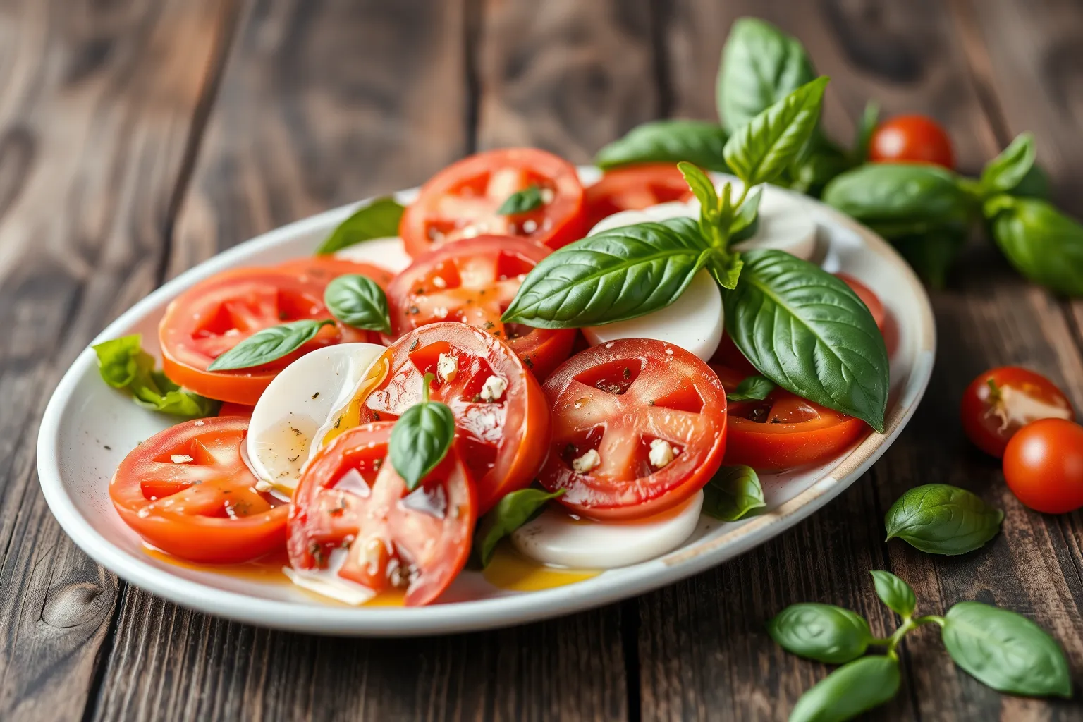 Une salade de tomates et mozzarella avec des feuilles de basilic.