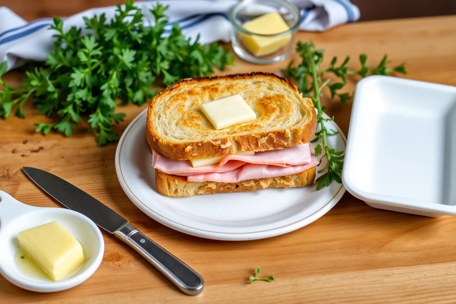 Un sandwich croustillant au jambon et beurre sur une table en bois.