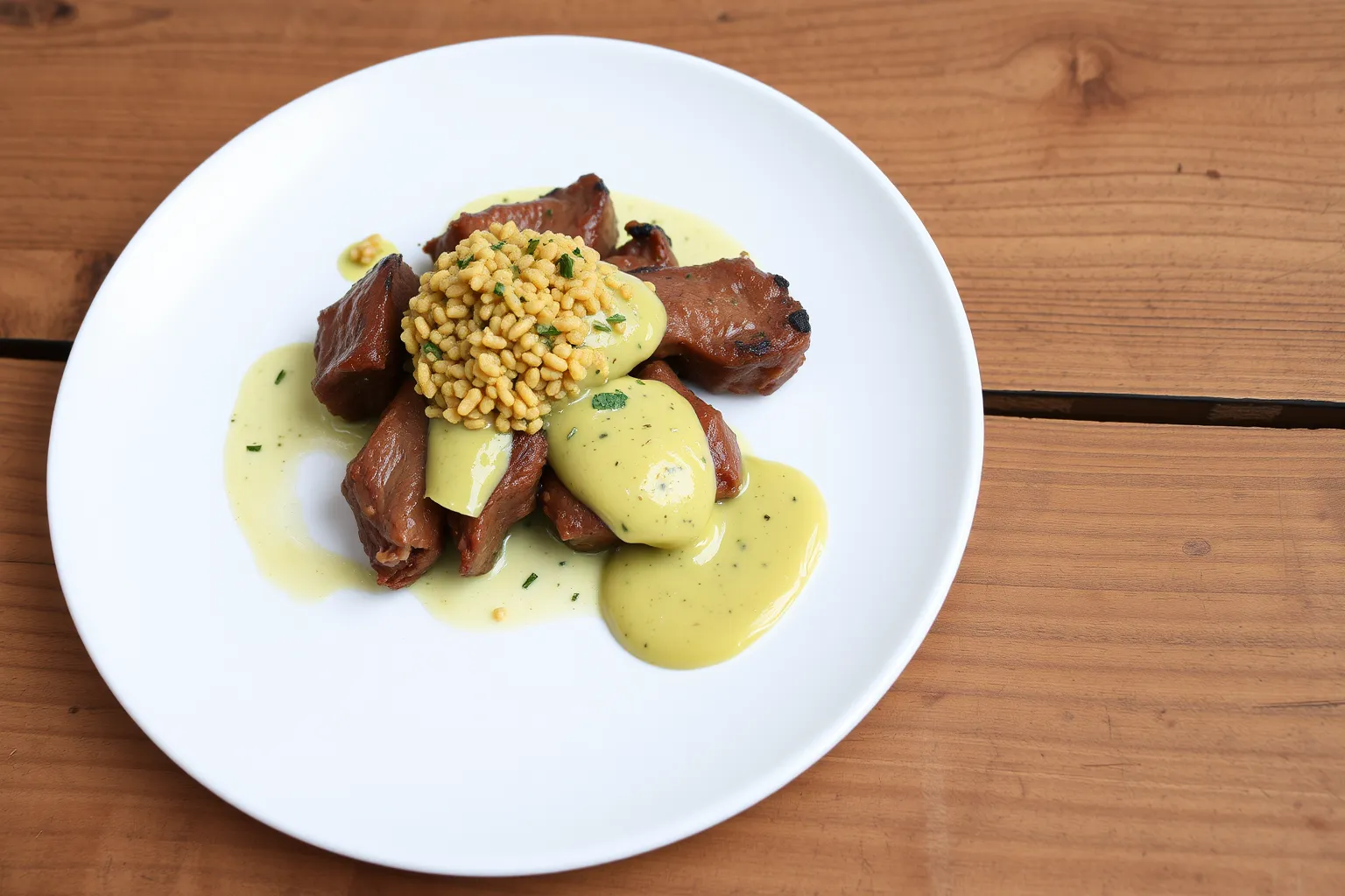 Une assiette de viande servie avec une sauce moutarde à l’ancienne.