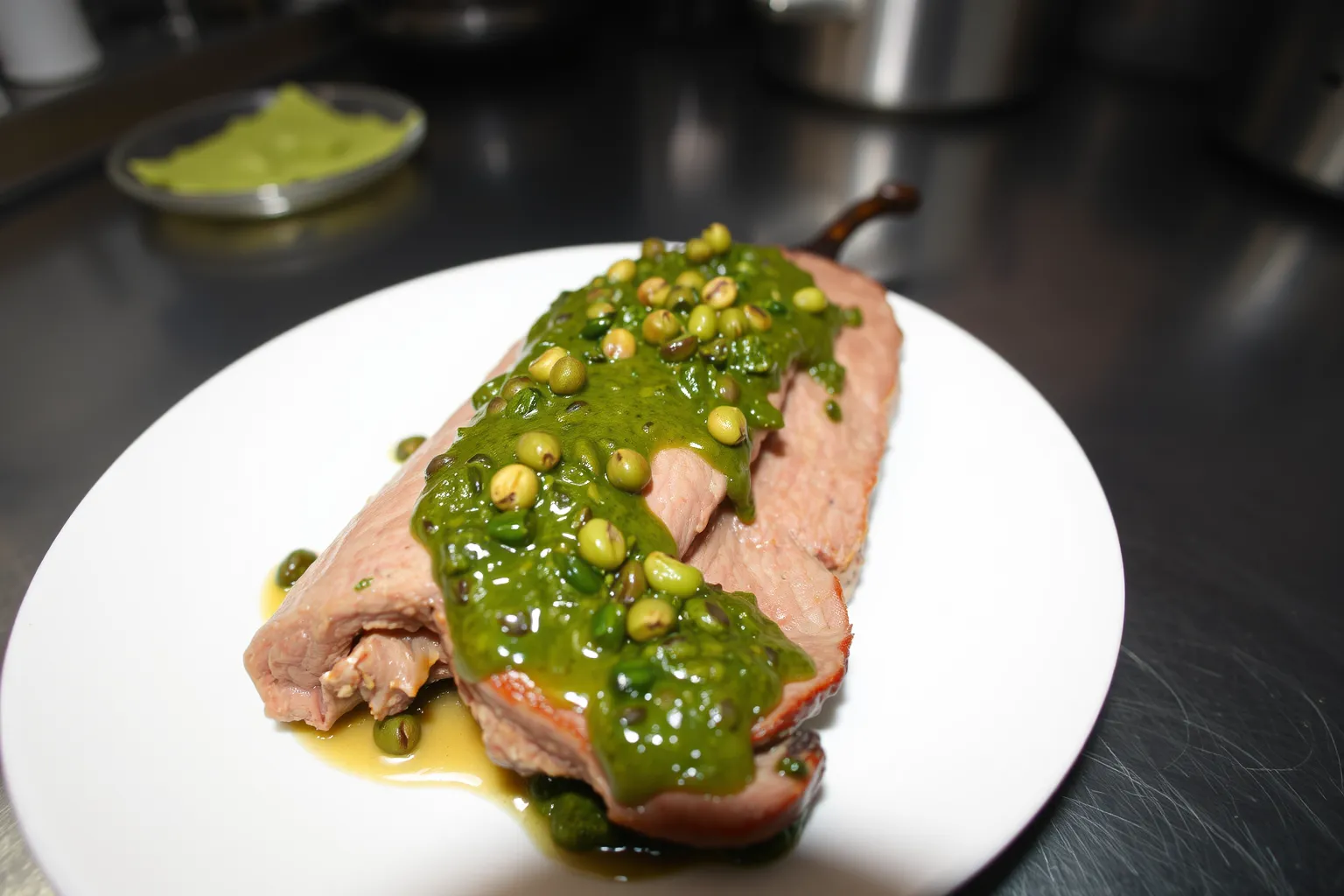 Un plat de viande nappé de sauce poivre vert, avec des grains de poivre visibles.