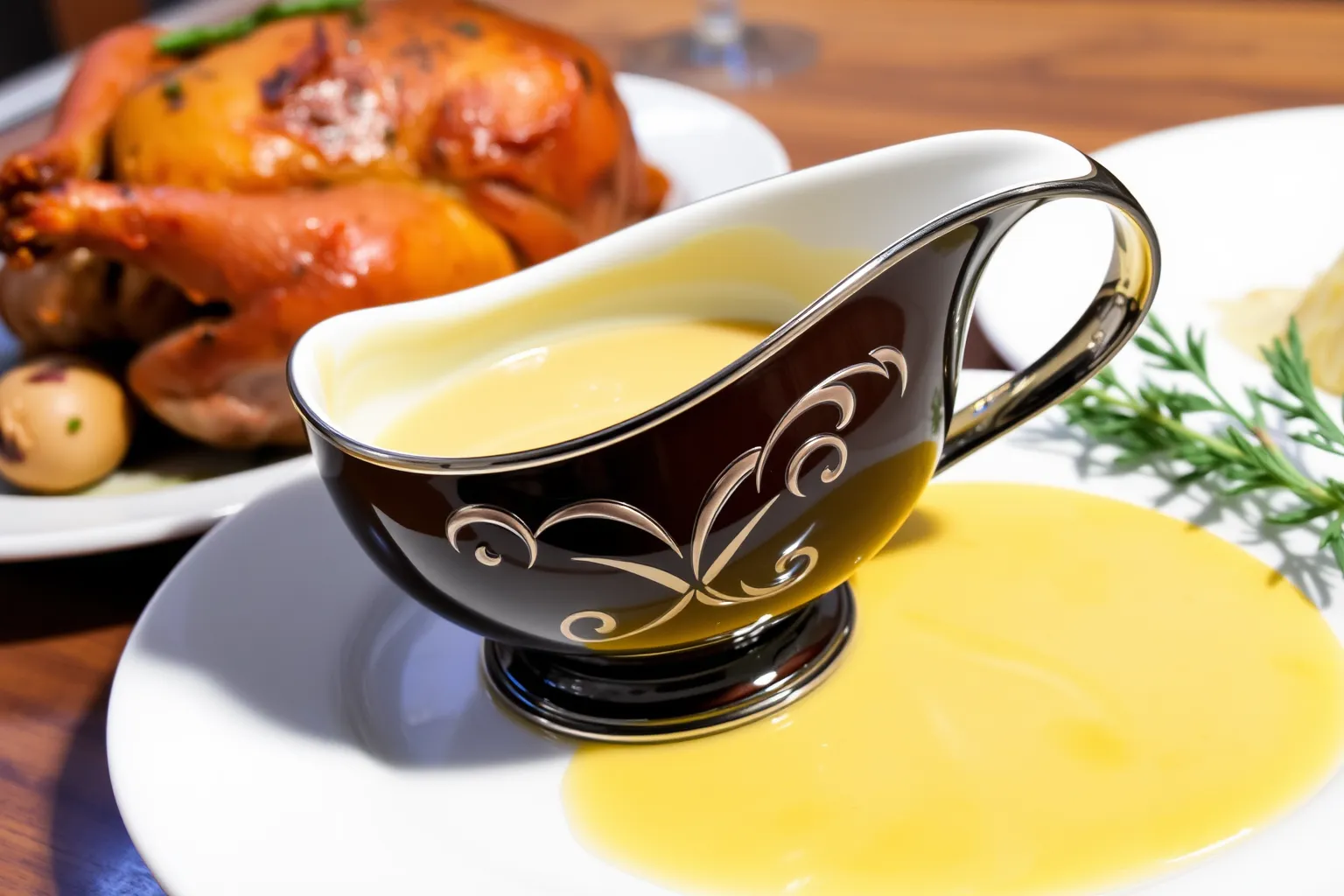 Une sauce crémeuse dans une saucière élégante à côté d'un plat de volaille.