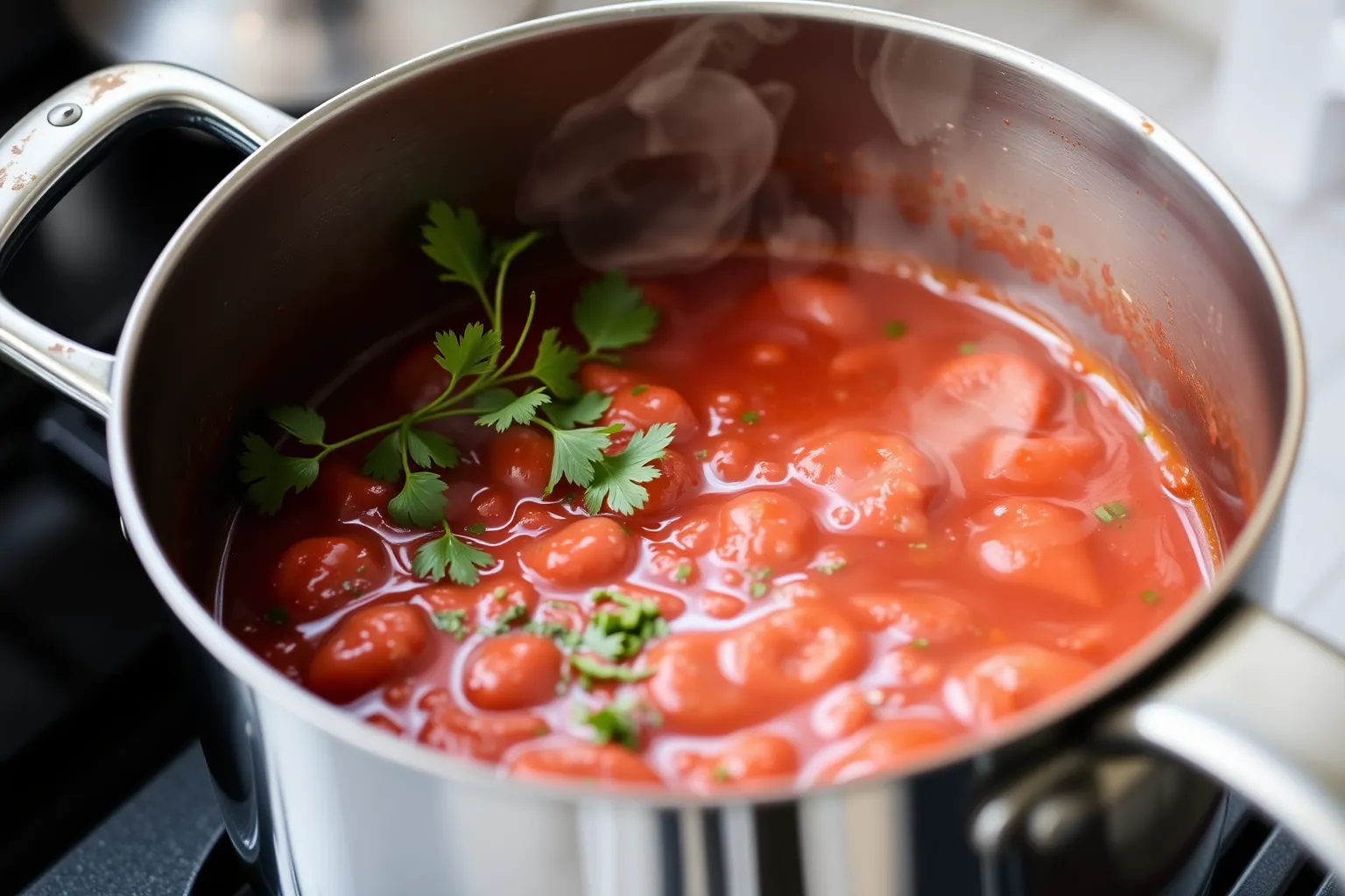 Une casserole de sauce tomate mijotée avec des herbes fraîches.