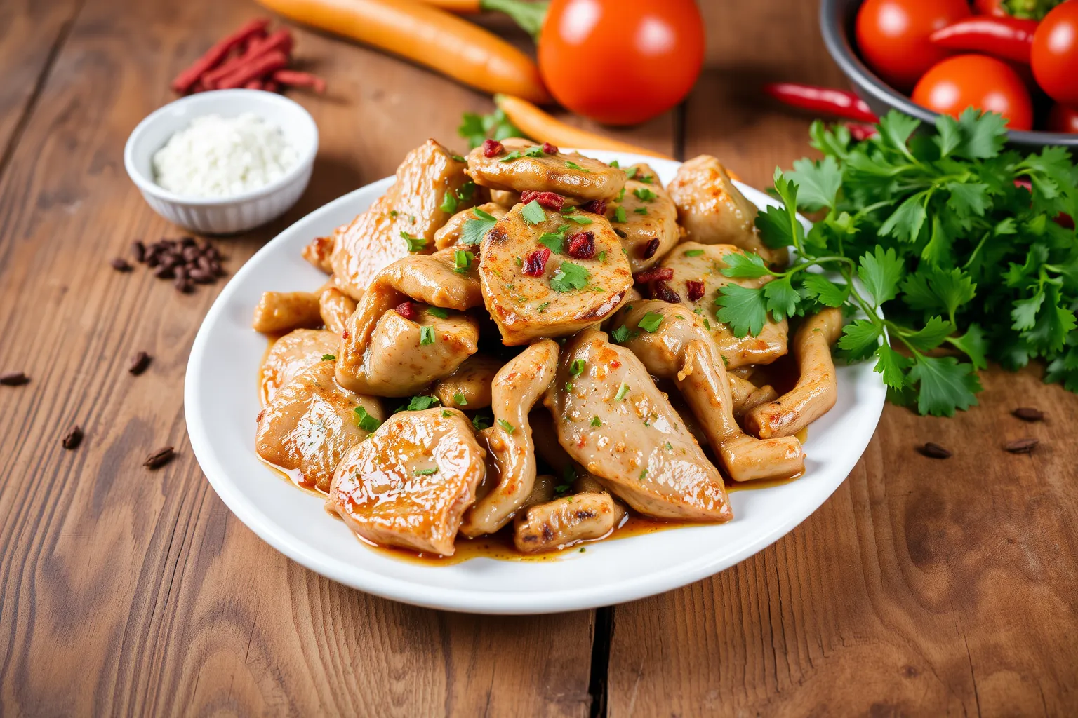 Un plat appétissant de porc sauté aux épices sur une table en bois.