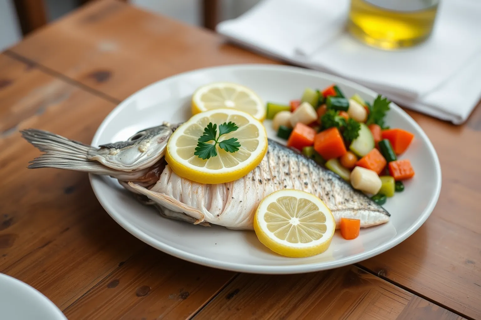 Un plat de sole meunière garnie de tranches de citron frais.