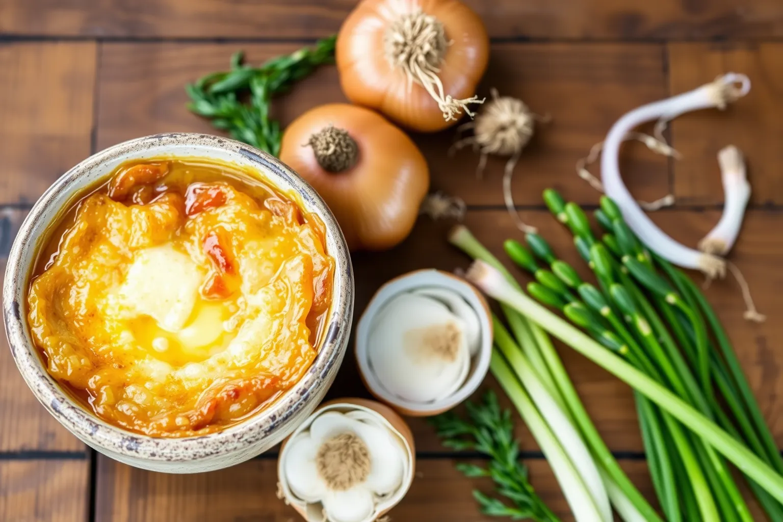 Une soupe à l'oignon gratinée dorée dans un bol rustique.