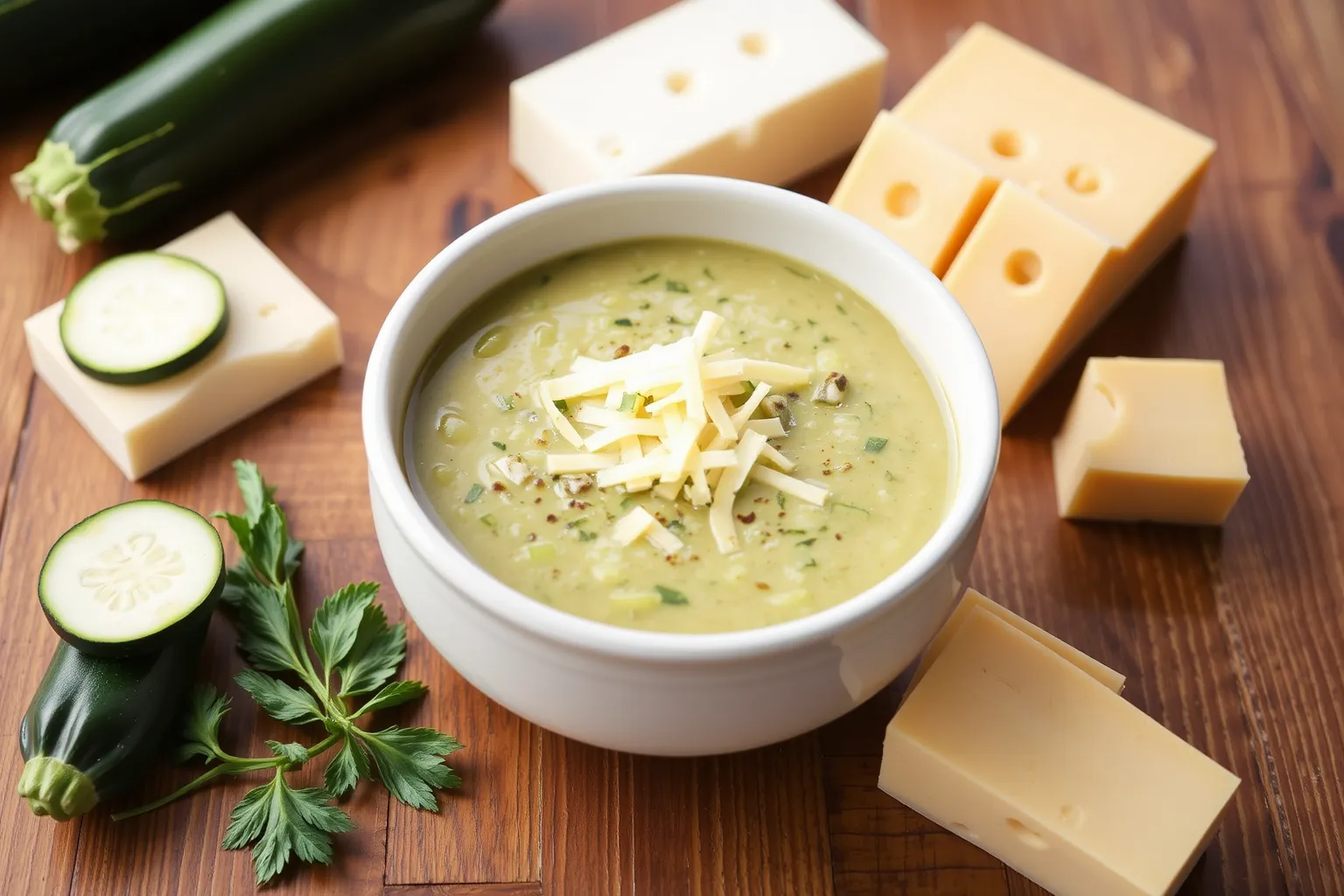 Un bol de soupe de courgettes garni de fromage fondu sur une table en bois.