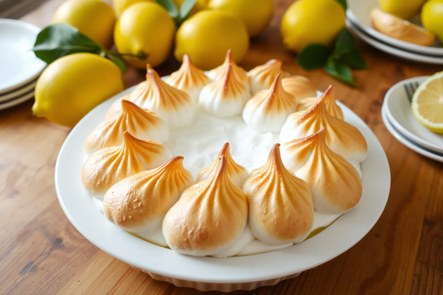 Une tarte au citron meringuée appétissante sur une table en bois.