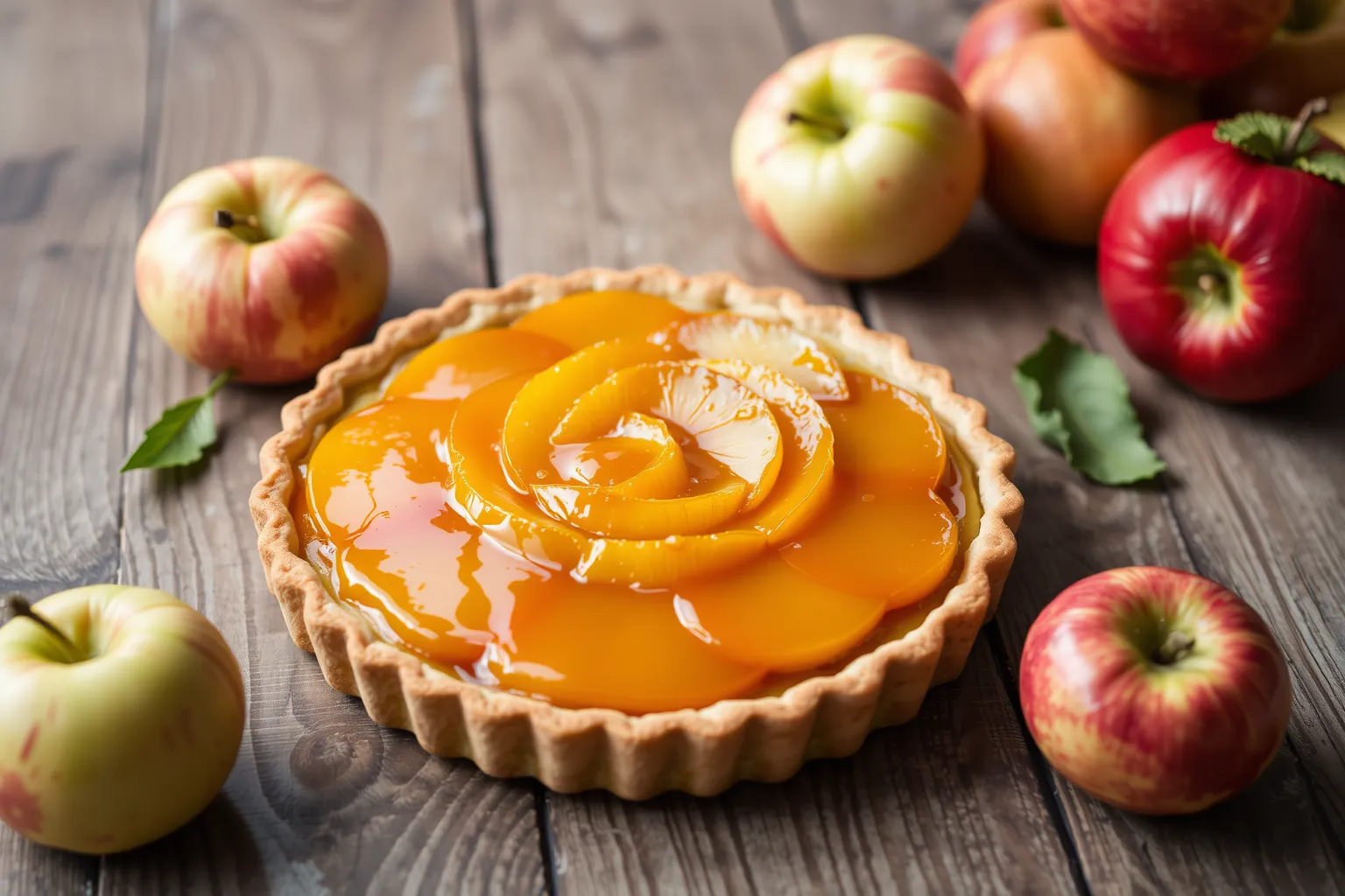 Une tarte Tatin dorée sur une table en bois.