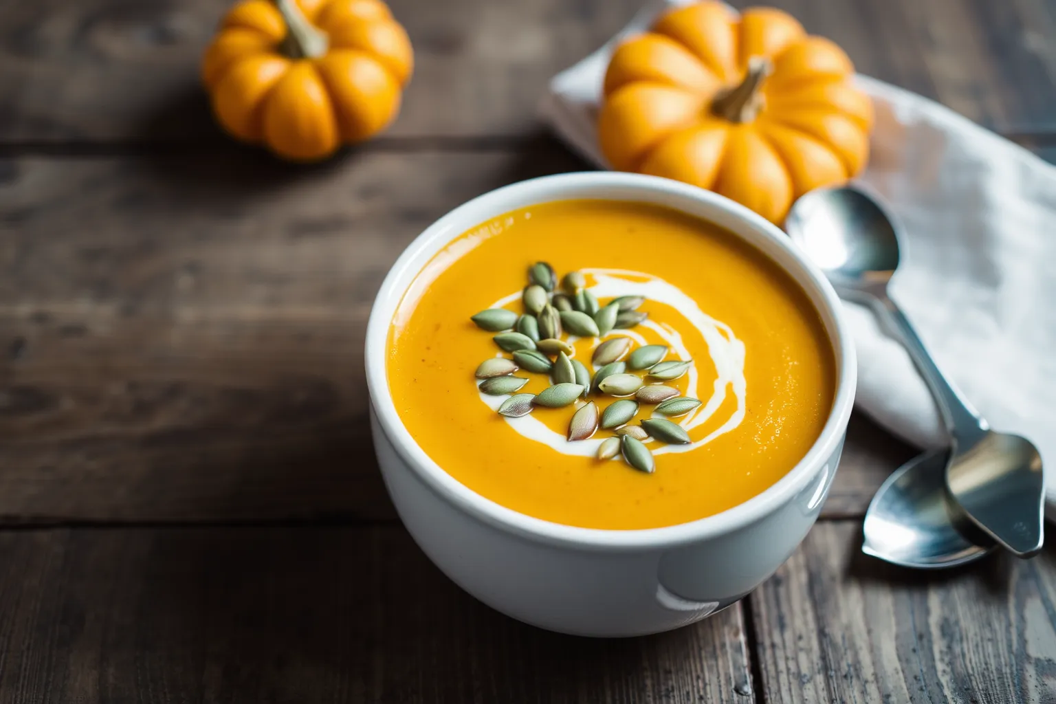 Un bol de velouté de potiron crémeux avec des graines de citrouille sur le dessus.